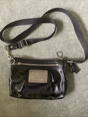 Coach Black Patent Crossbody with Silver Plaque